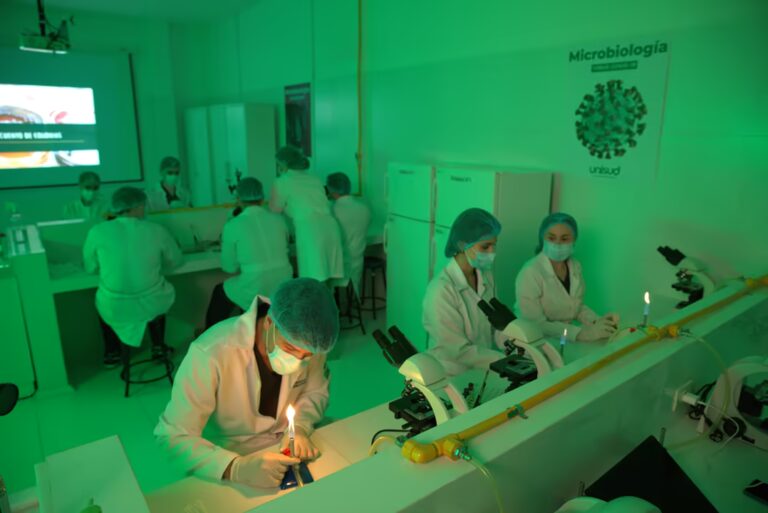 Una imagen general de un laboratorio de microbiología en una facultad de medicina, con una atmósfera de luz verde distinta. Un grupo de estudiantes, todos usando batas de laboratorio, mascarillas faciales y gorros de protección, participan en actividades prácticas. En primer plano, un estudiante, enfocado en su tarea, esteriliza un instrumento sobre la llama de un mechero de Bunsen sobre un banco de trabajo. Justo detrás de él, dos estudiantes están sentados frente a microscopios de compuesto, ajustando las lentes para observar muestras. Al fondo, otros estudiantes están de pie alrededor de bancos de trabajo adicionales y equipos de laboratorio, y un proyector muestra diapositivas con texto académico (apenas legible) sobre una pantalla. En la pared del fondo, un póster de salud pública dice claramente 'Microbiología Virus COVID-19 UNISUD'. La escena destaca el enfoque en la educación práctica y el cumplimiento de los protocolos de bioseguridad.