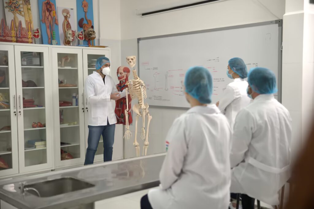 Una escena de enseñanza práctica en un laboratorio de anatomía. Un instructor, vestido con bata de laboratorio y mascarilla, está de pie frente a un modelo de esqueleto humano completo y lo señala, dirigiendo su explicación a tres estudiantes sentados frente a él. Los estudiantes también llevan batas de laboratorio y gorros quirúrgicos. Al fondo, se ve un armario de cristal lleno de diversos modelos anatómicos (como cráneos, órganos y extremidades) y una gran pizarra blanca con diagramas y anotaciones detalladas de anatomía. En primer plano hay una encimera de metal con un fregadero. La iluminación es brillante y el ambiente es académico.